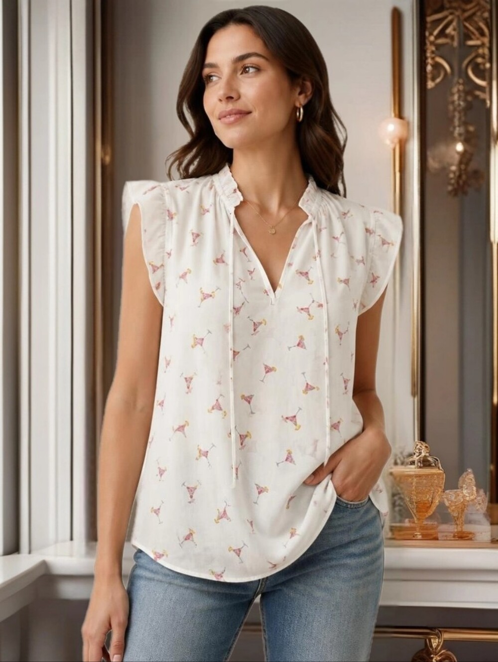 New Women's Martini Print V-Neck Blouse size XS